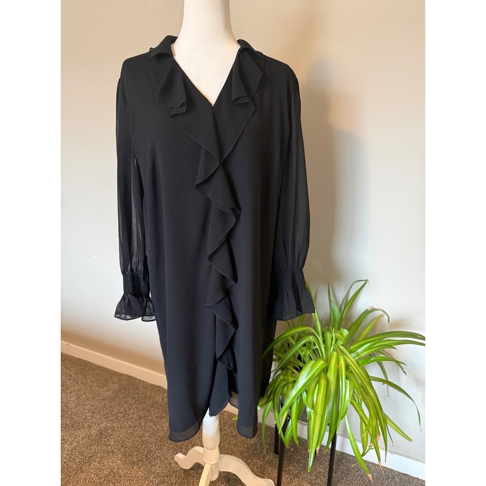 Chico's Shift Dress Black Ruffle Neck Smocked Cuff lined Career Event Sz 2.5/ 14